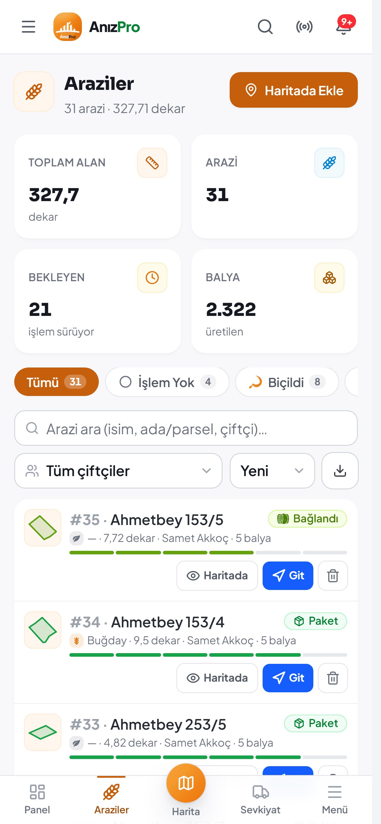 AnızPro Araziler ekranı